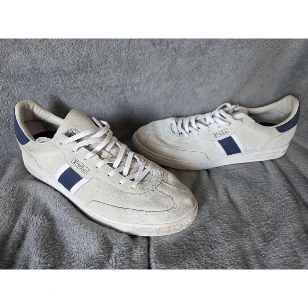 Polo Ralph Lauren Heritage Aera Mens 13 White Suede Navy Blue Sneakers